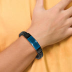 Stainless Steel Polished Black and Blue IP-plated Braided Black Leather with Silicone ID Bracelet for Men