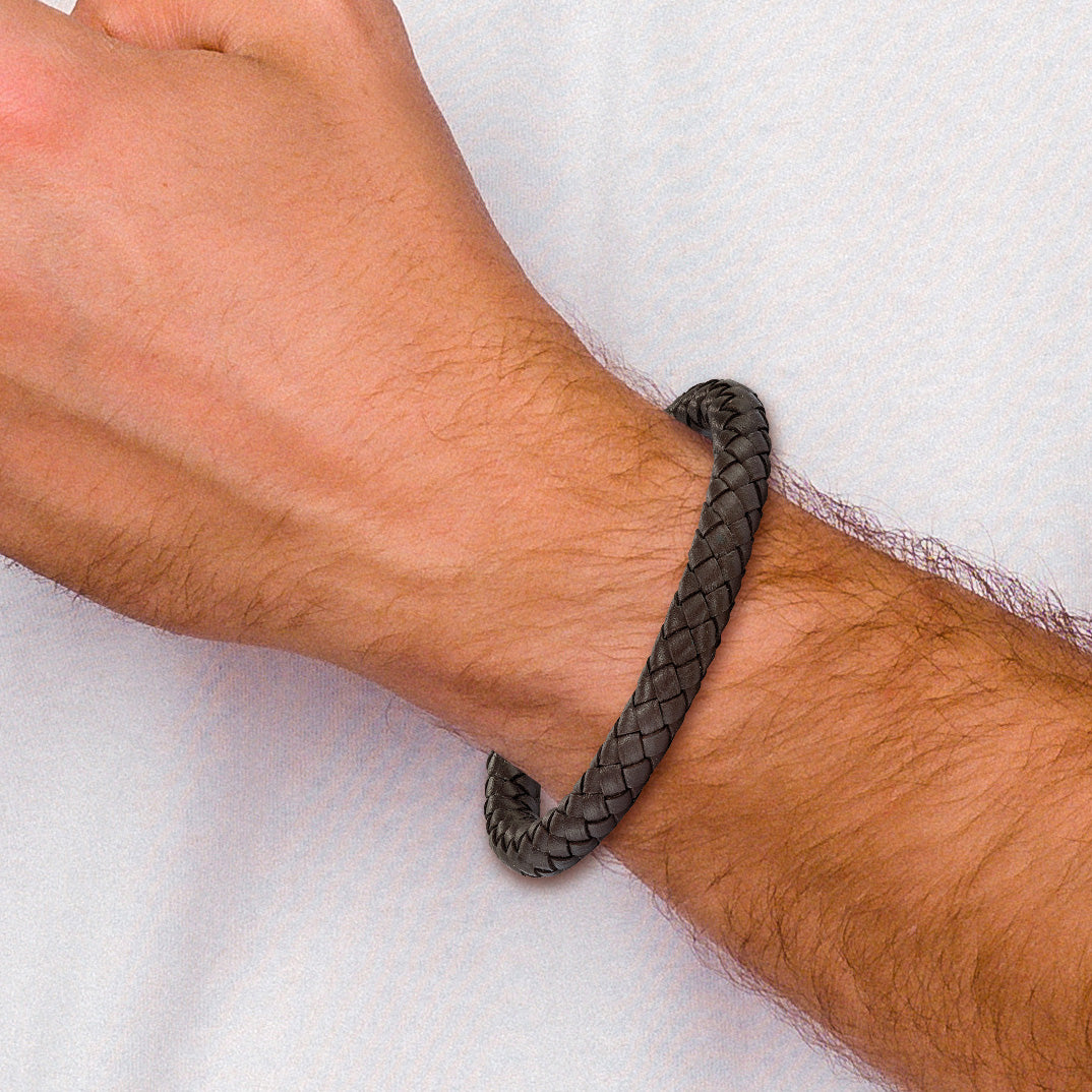 Stainless Steel Brushed Brown Braided Leather Bracelet for Men