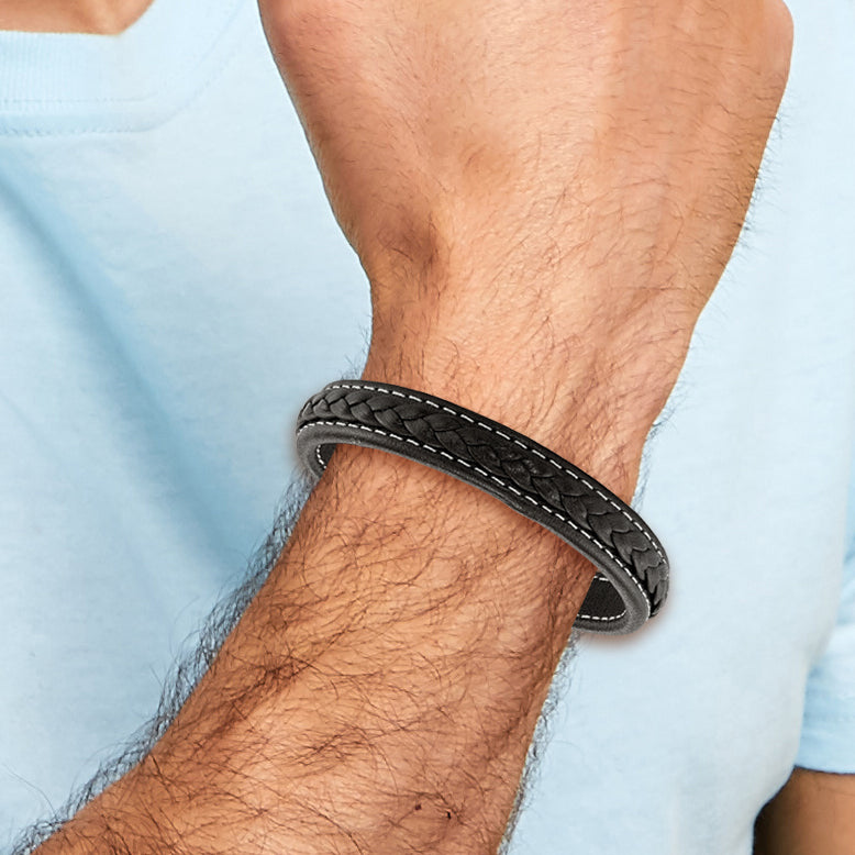 Stainless Steel Polished Brown IP-plated Brown Leather Bracelet for Men