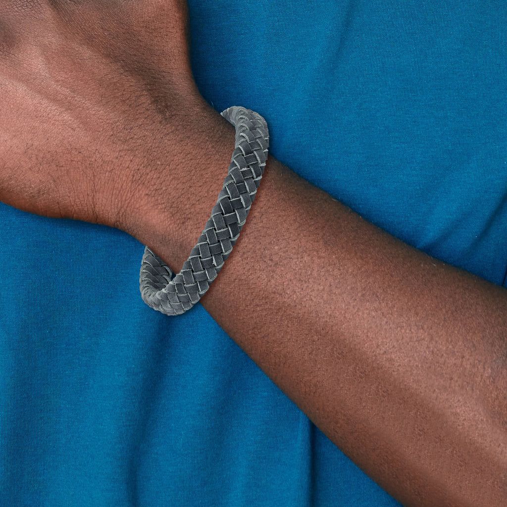 Stainless Steel Brushed Grey Braided Leather Bracelet for Men