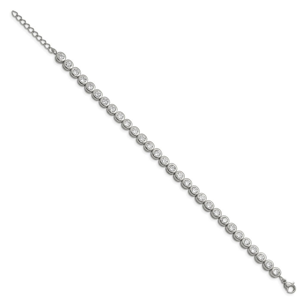 Stainless Steel Polished Round Cubic Zirconia Link Bracelet with Extension for Women