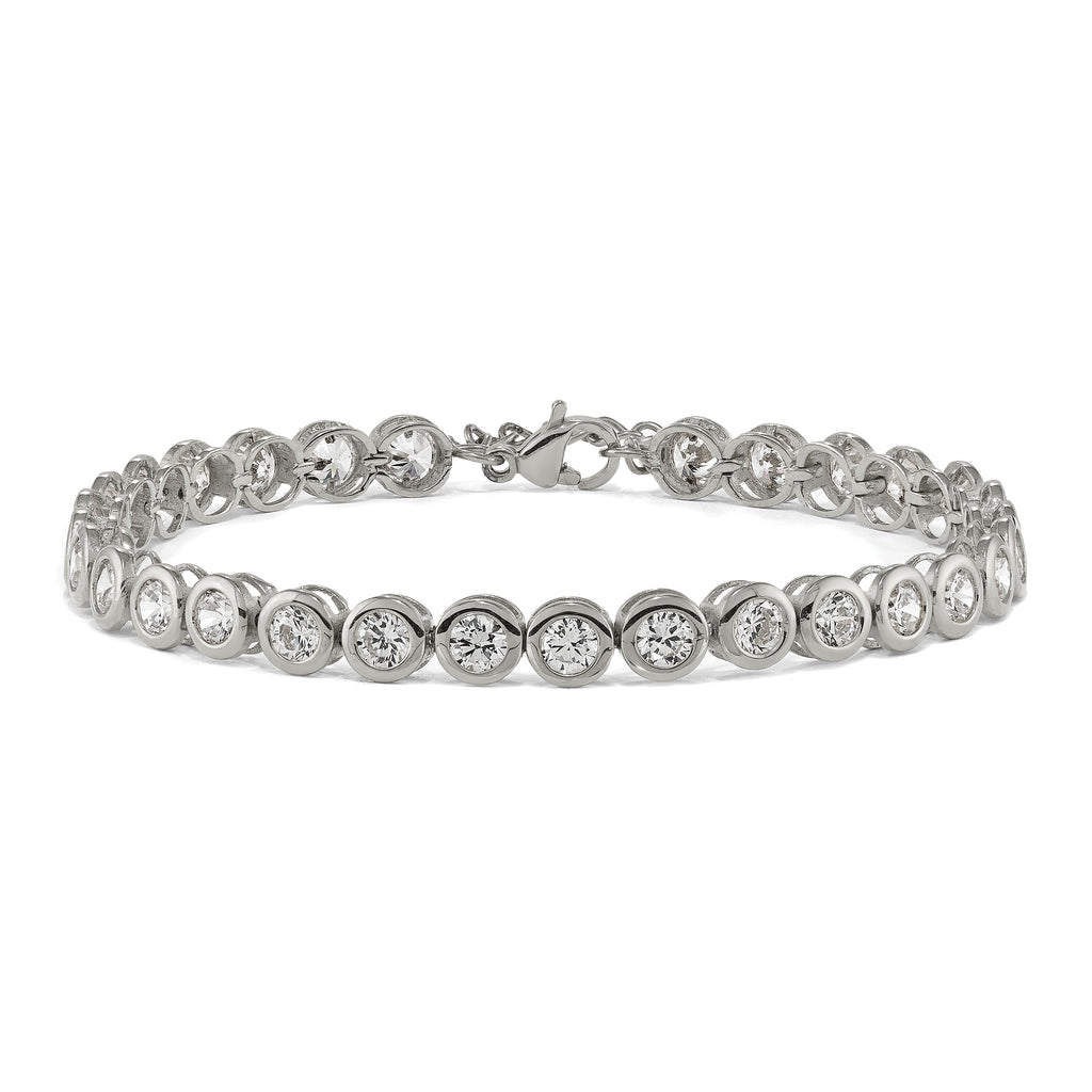 Stainless Steel Polished Round Cubic Zirconia Link Bracelet with Extension for Women
