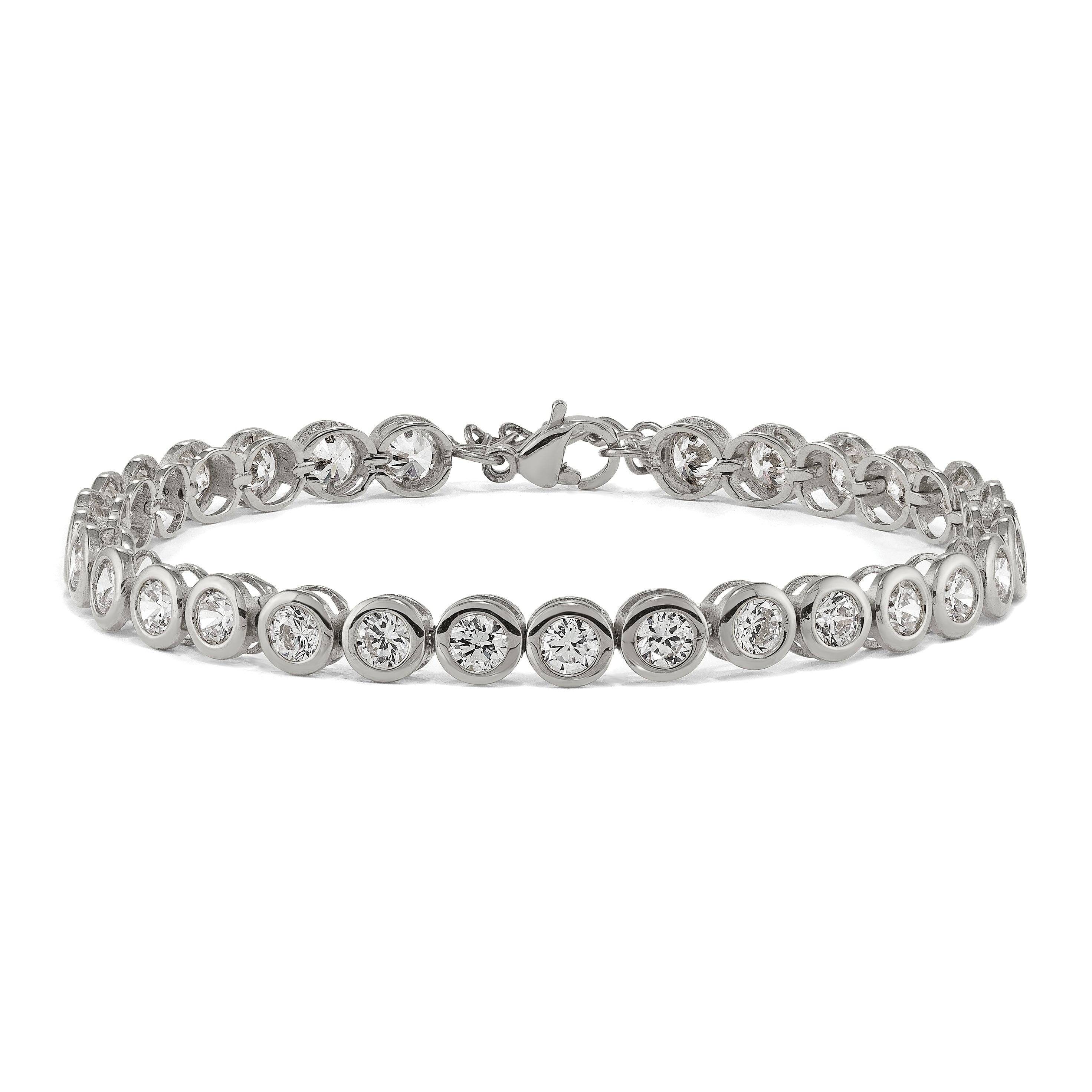 Stainless Steel Polished Round Cubic Zirconia Link Bracelet with Extension for Women