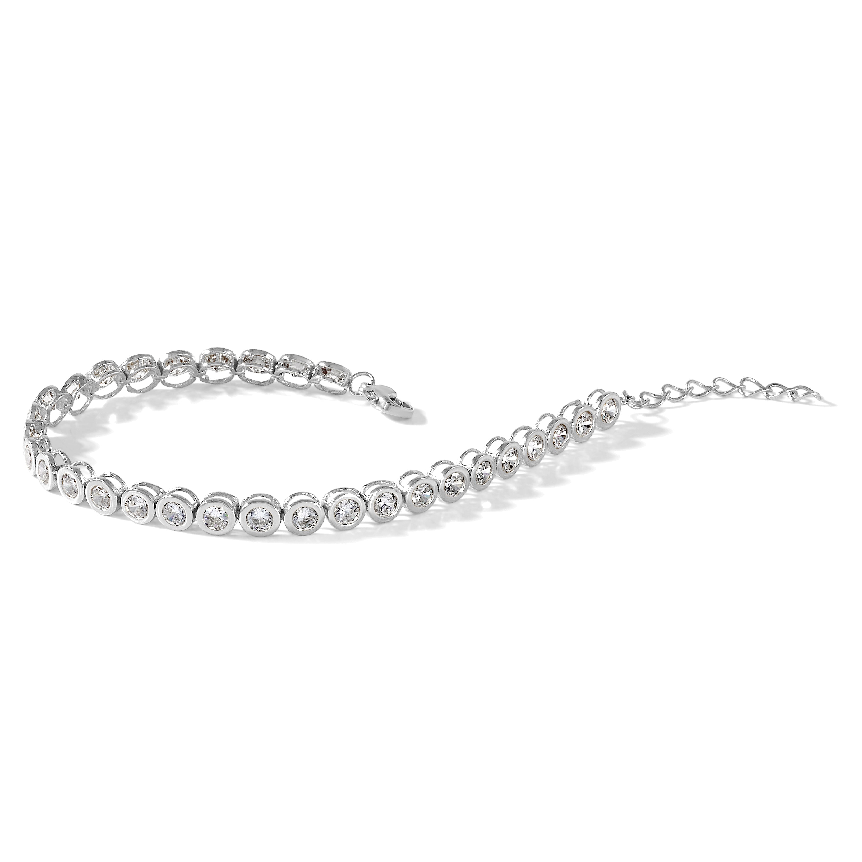 Stainless Steel Polished Round Cubic Zirconia Link Bracelet with Extension for Women