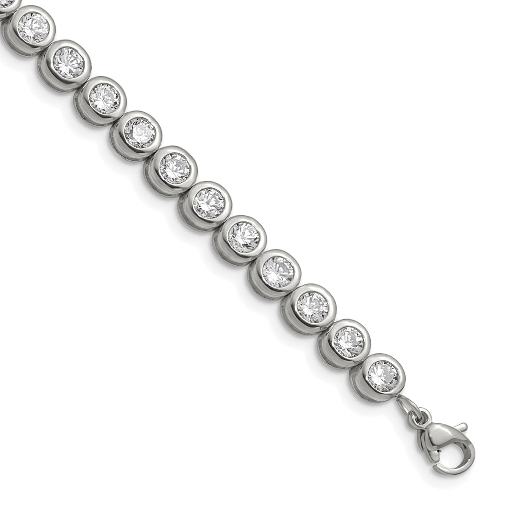 Stainless Steel Polished Round Cubic Zirconia Link Bracelet with Extension for Women