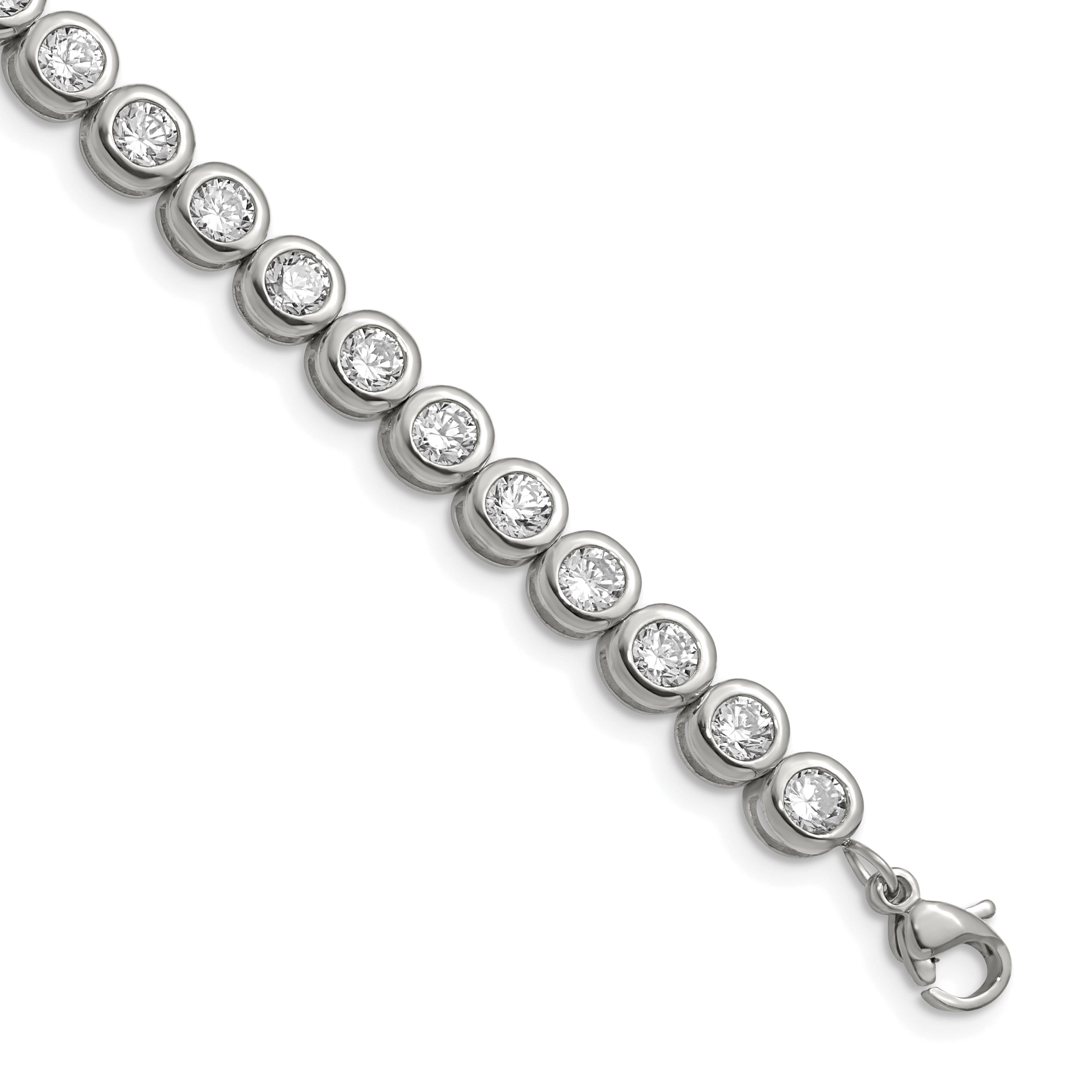 Stainless Steel Polished Round Cubic Zirconia Link Bracelet with Extension for Women