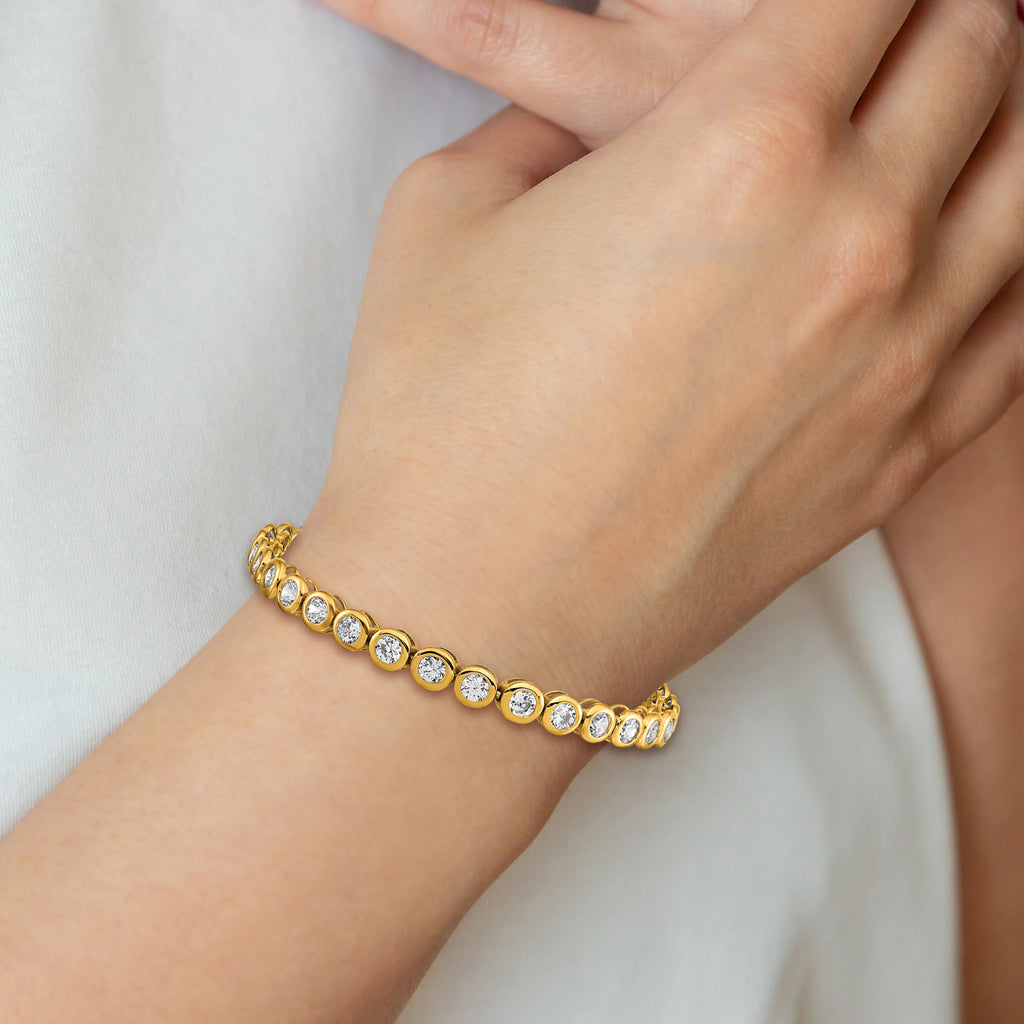 Stainless Steel Polished Yellow IP-plated Round Cubic Zirconia Link Bracelet with Extension for Women