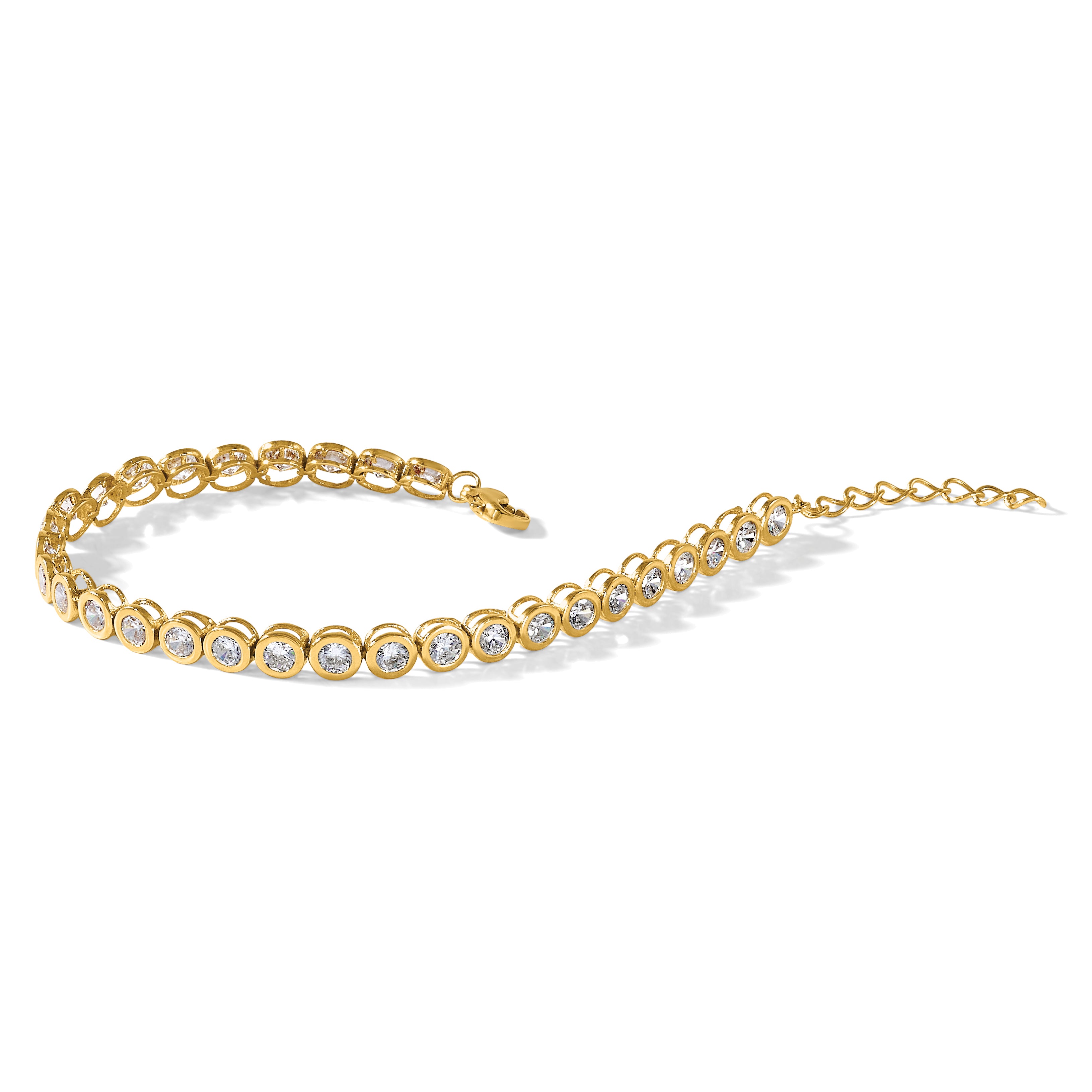 Stainless Steel Polished Yellow IP-plated Round Cubic Zirconia Link Bracelet with Extension for Women