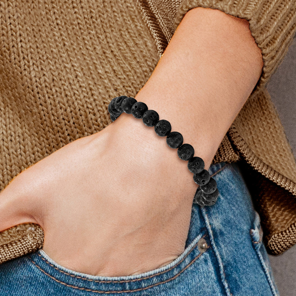 Stainless Steel Polished Black IP-plated 8mm Lava Rock Beaded Stretch Bracelet for Men