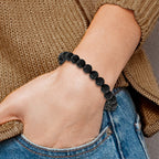 Stainless Steel Polished Black IP-plated 8mm Lava Rock Beaded Stretch Bracelet for Men