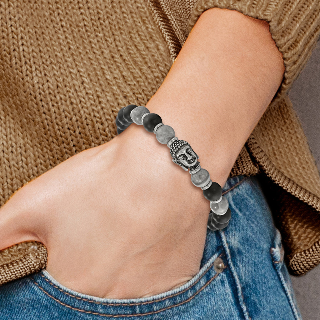 Stainless Steel Antiqued and Polished Buddha 8mm Black Agate and Grey Jasper Beaded Stretch Bracelet for Men
