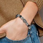 Stainless Steel Antiqued and Polished Buddha 8mm Black Agate and Grey Jasper Beaded Stretch Bracelet for Men