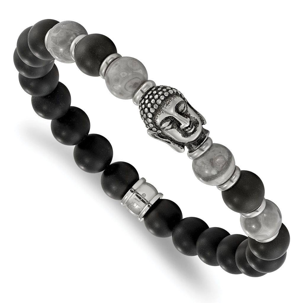 Stainless Steel Antiqued and Polished Buddha 8mm Black Agate and Grey Jasper Beaded Stretch Bracelet for Men