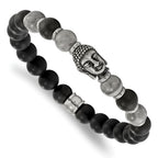 Stainless Steel Antiqued and Polished Buddha 8mm Black Agate and Grey Jasper Beaded Stretch Bracelet for Men
