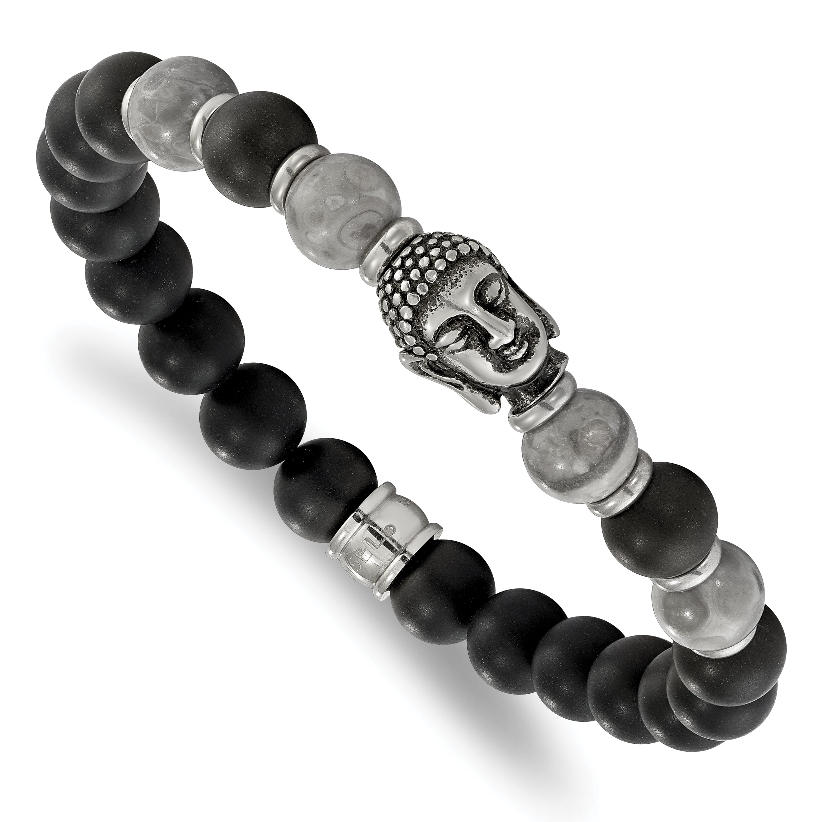 Stainless Steel Antiqued and Polished Buddha 8mm Black Agate and Grey Jasper Beaded Stretch Bracelet for Men
