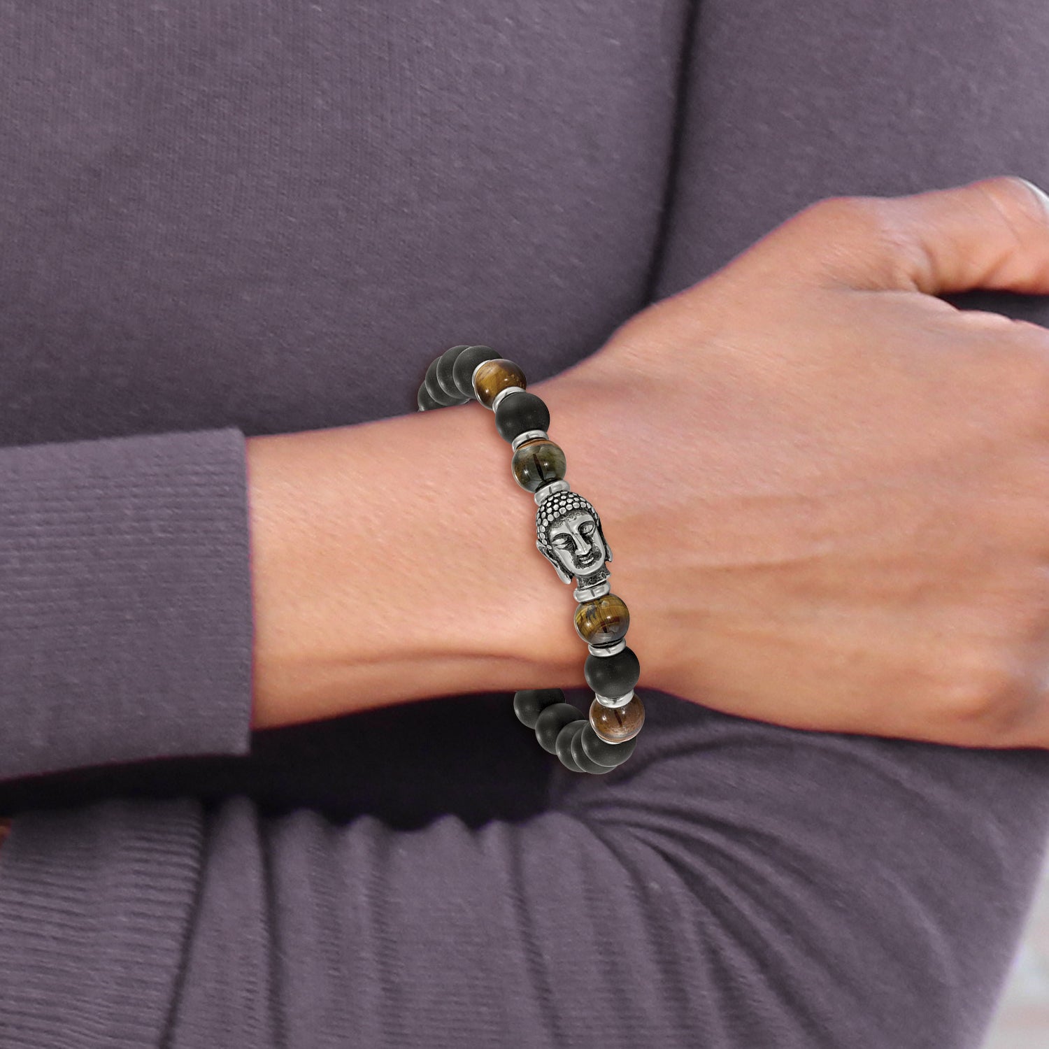 Stainless Steel Antiqued and Polished Buddha 8mm Black Agate and Tiger's Eye Beaded Stretch Bracelet for Men