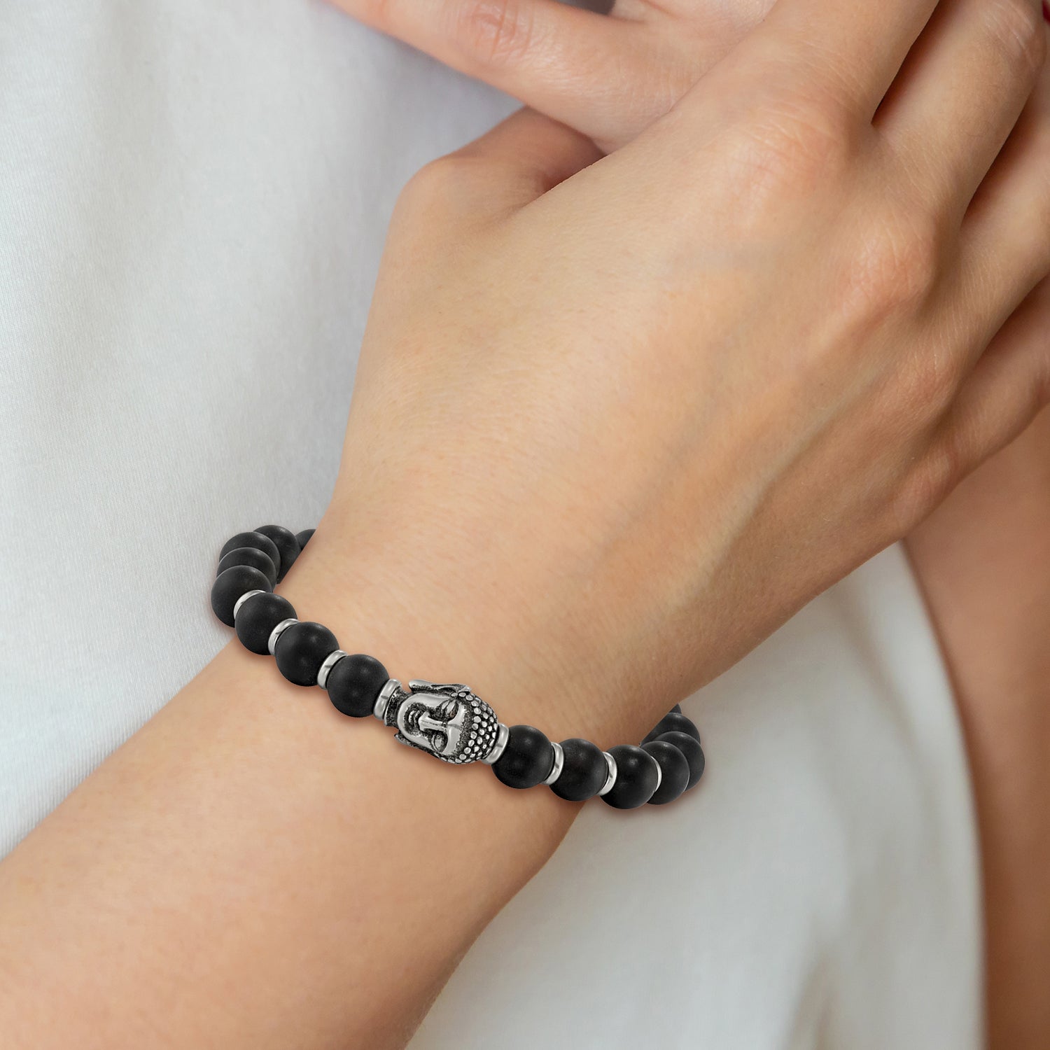 Stainless Steel Antiqued and Polished Buddha 8mm Black Agate Beaded Stretch Bracelet for Men