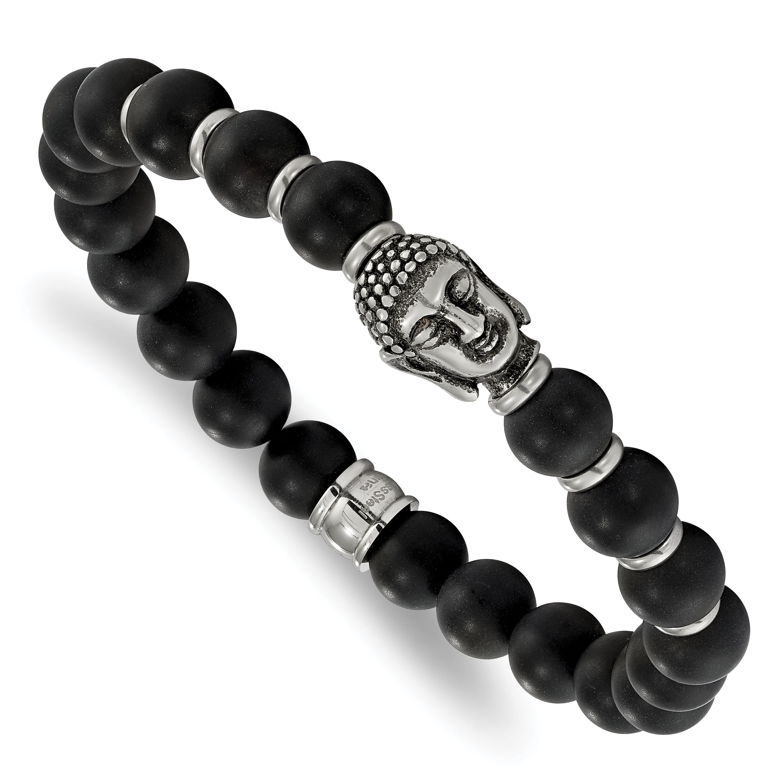 Stainless Steel Antiqued and Polished Buddha 8mm Black Agate Beaded Stretch Bracelet for Men Main image