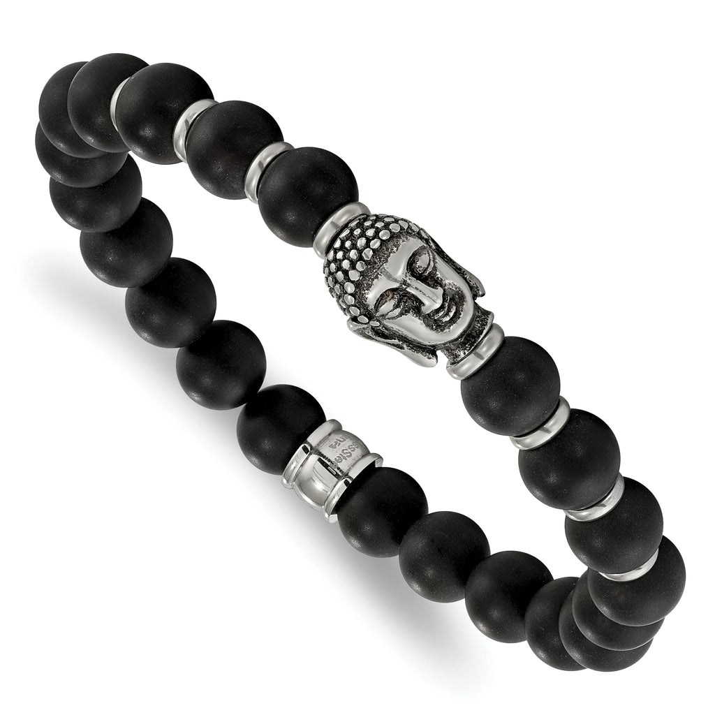 Stainless Steel Antiqued and Polished Buddha 8mm Black Agate Beaded Stretch Bracelet for Men