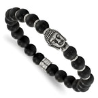 Stainless Steel Antiqued and Polished Buddha 8mm Black Agate Beaded Stretch Bracelet for Men