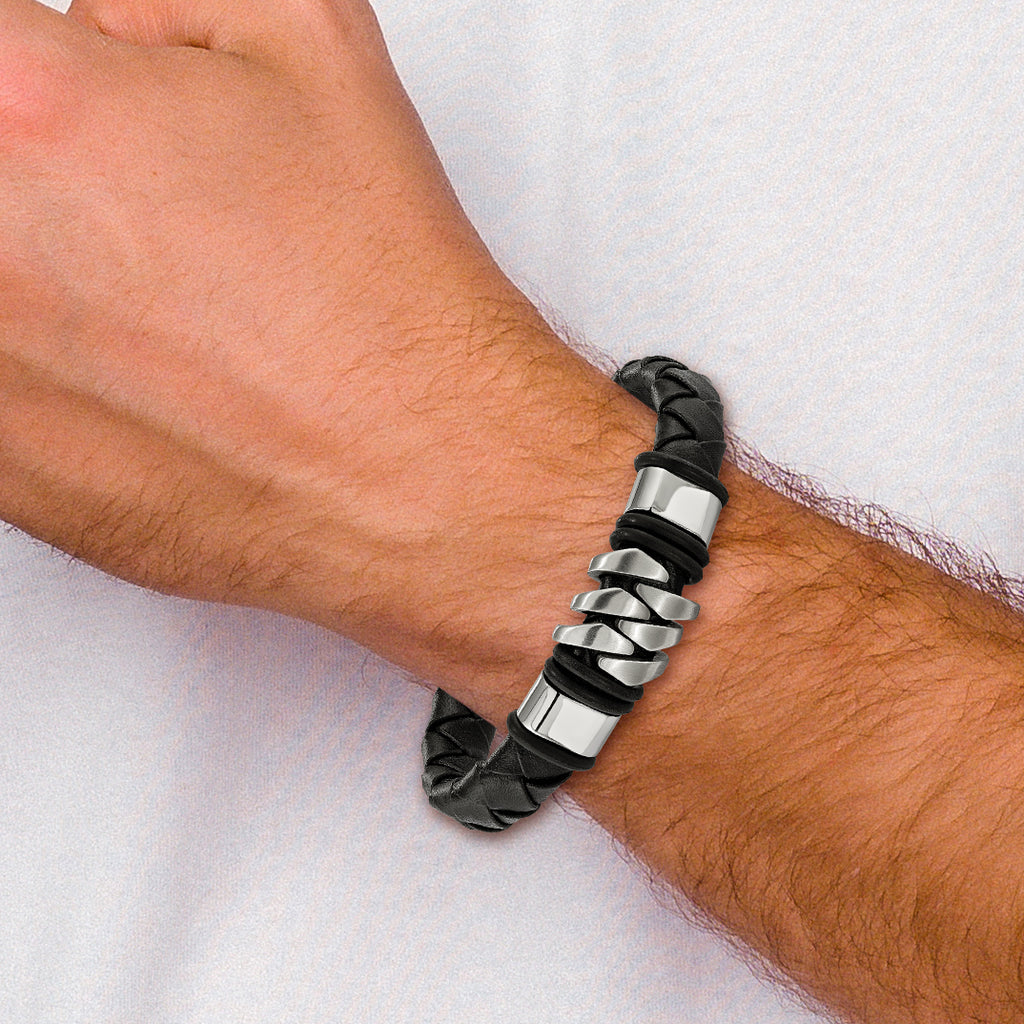 Stainless Steel Brushed and Polished Black Woven Leather Bracelet with . Extension