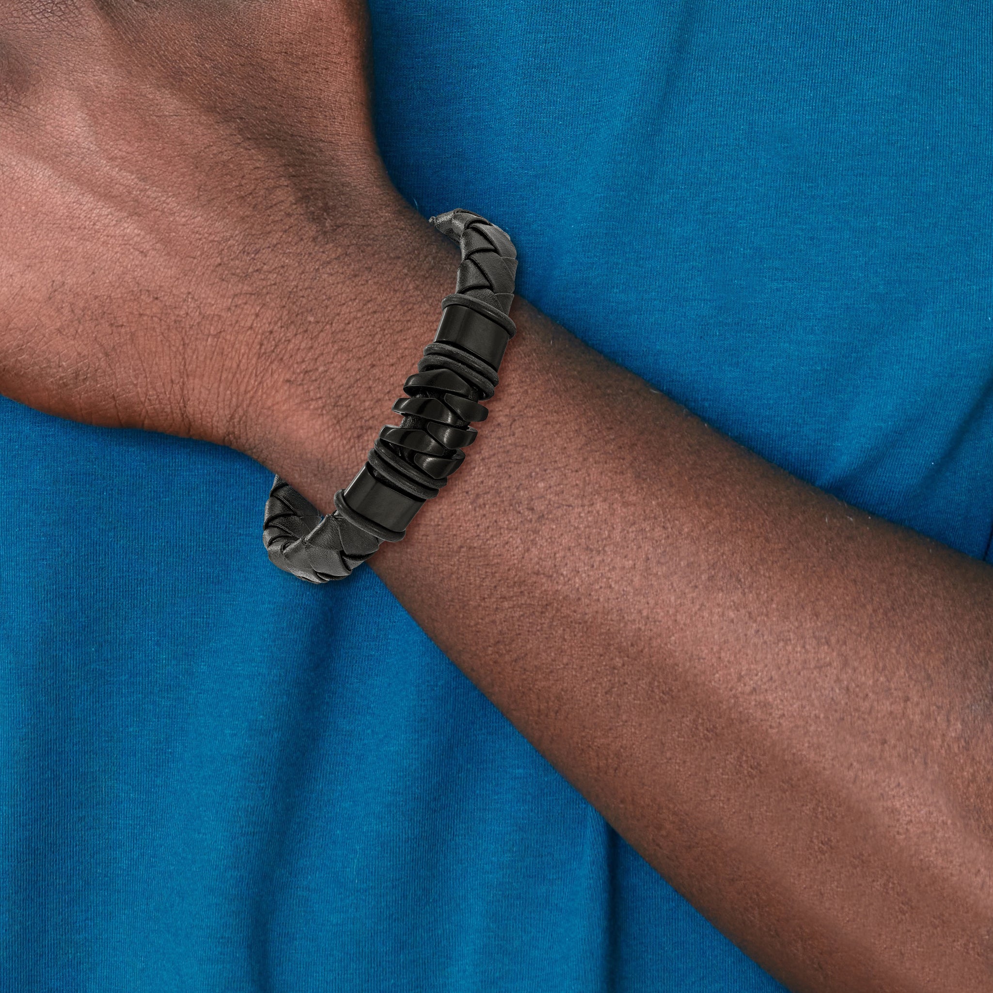 Stainless Steel Polished and Brushed Black IP-plated Black Woven Leather Bracelet Secondary image
