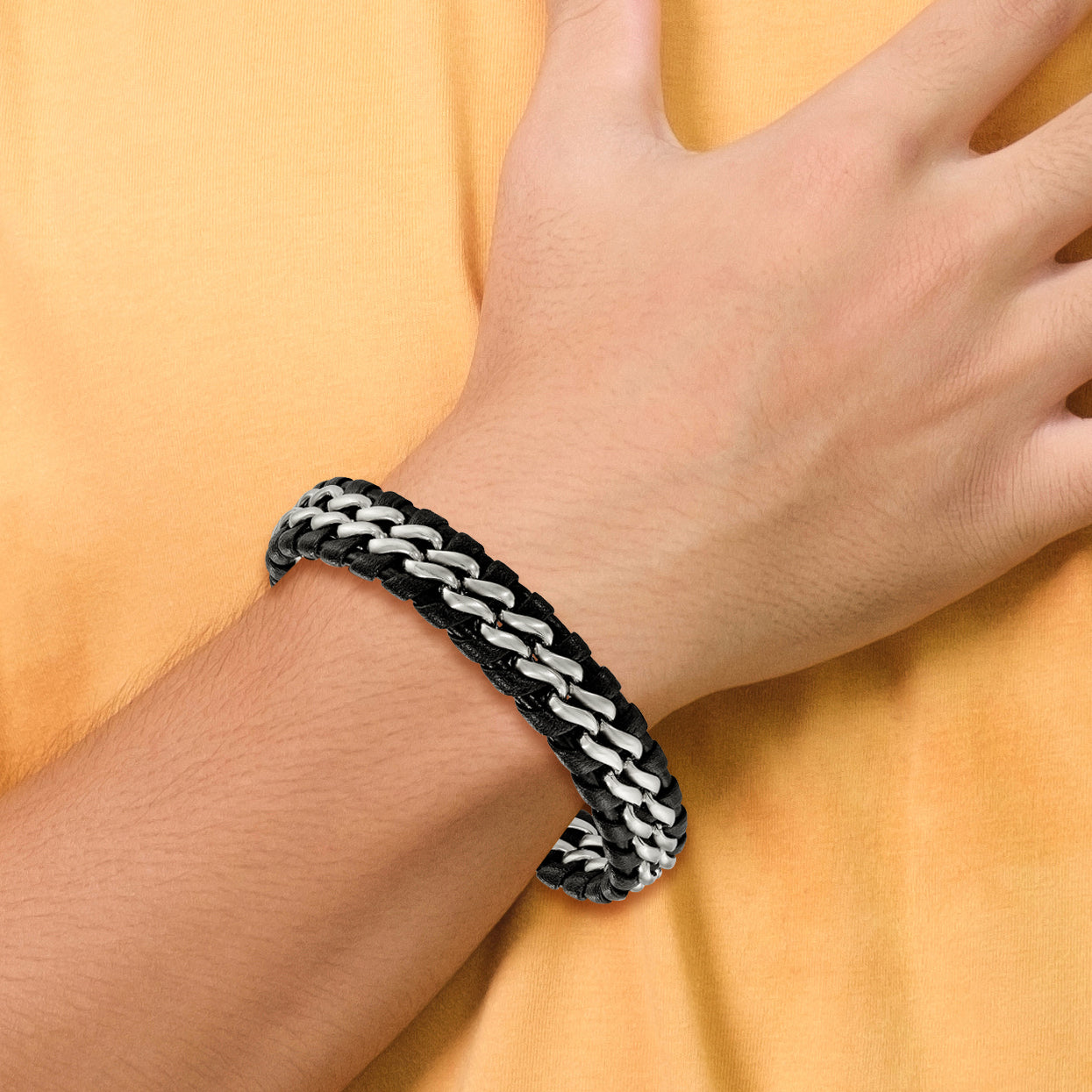 Stainless Steel Brushed Black Leather Bracelet for Men