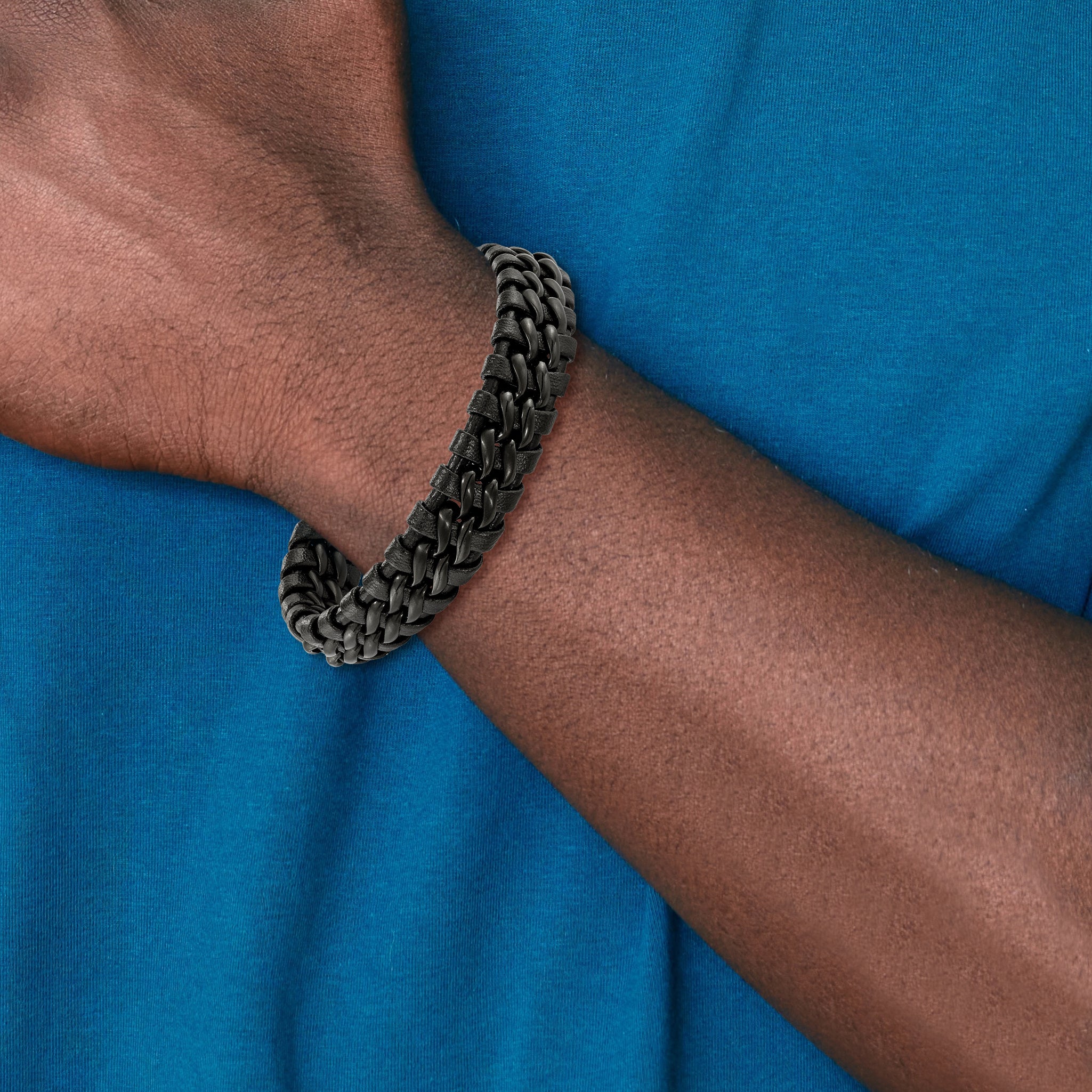 Stainless Steel Brushed Black IP-plated Black Leather Bracelet for Men