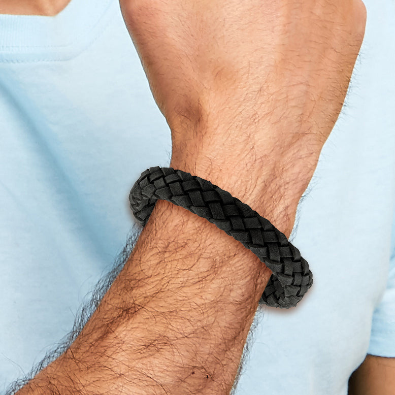 Stainless Steel Brushed Black Braided Leather Bracelet for Men