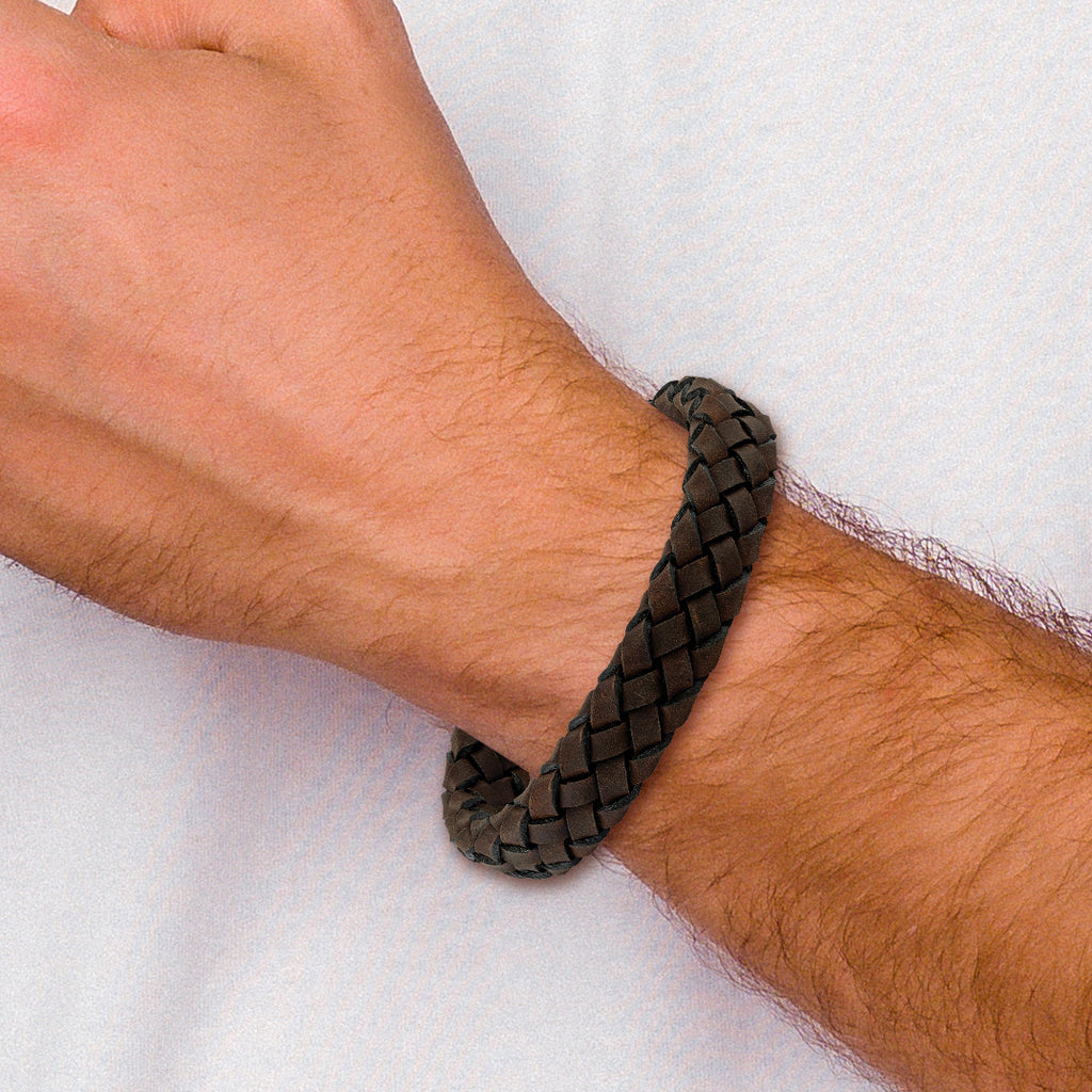 Stainless Steel Brushed Brown Braided Leather Bracelet for Men