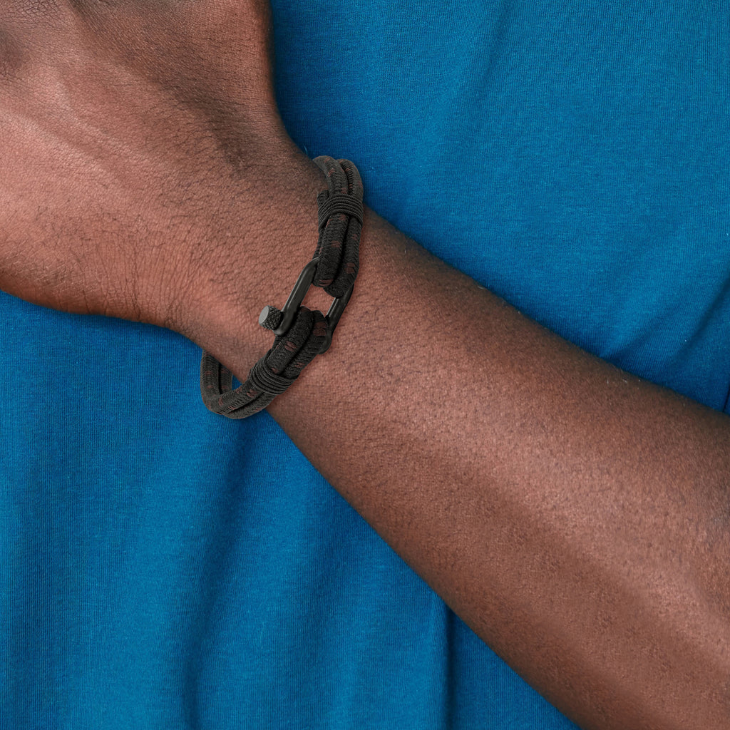 Stainless Steel Polished Black IP-plated Black Woven Nylon and Cotton Bracelet for Men