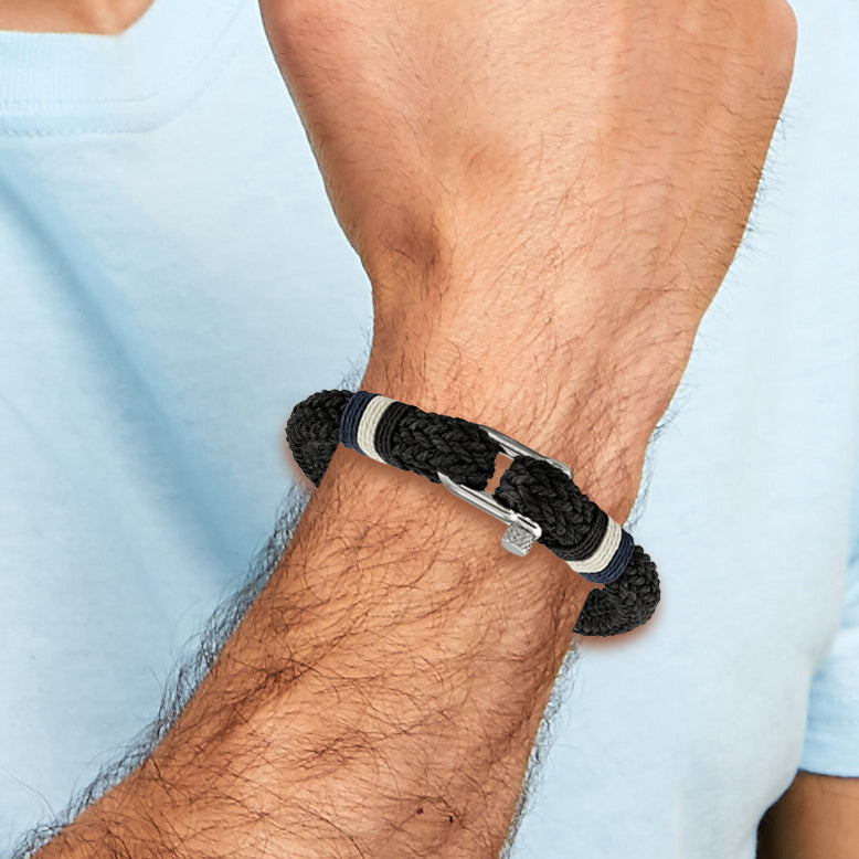 Stainless Steel Polished Woven Black Cotton Bracelet for Men