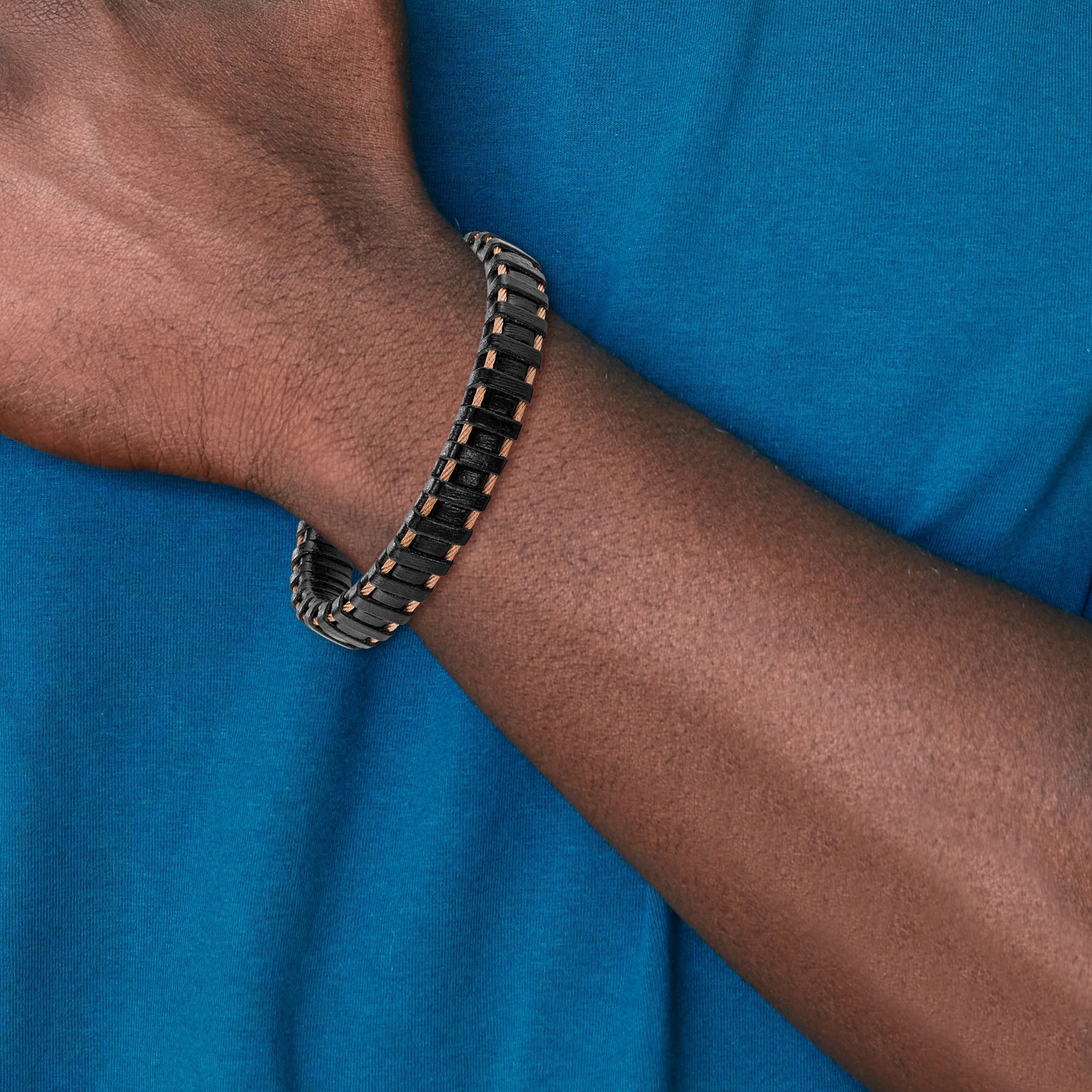 Stainless Steel Polished Rose IP-plated Cable and Black Leather Bracelet for Men Secondary image