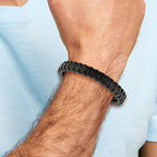 Stainless Steel Polished Black IP-plated Cable and Black Leather Bracelet for Men
