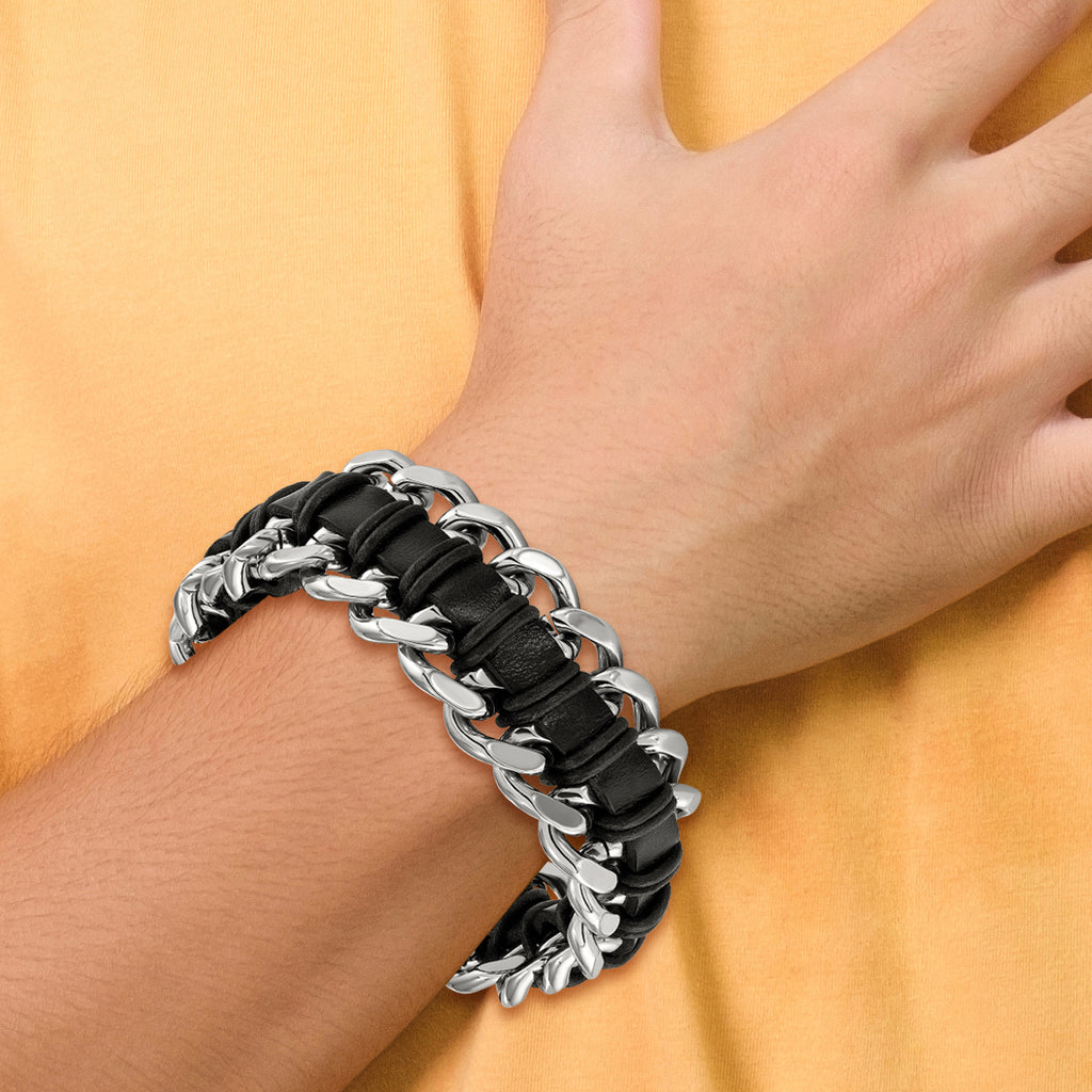 Stainless Steel Brushed and Polished Black Leather Bracelet for Men