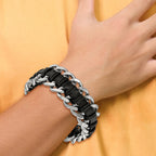 Stainless Steel Brushed and Polished Black Leather Bracelet for Men