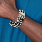 Stainless Steel Antiqued and Brushed Cross Buckle with Black Leather Adjustable Bracelet for Men