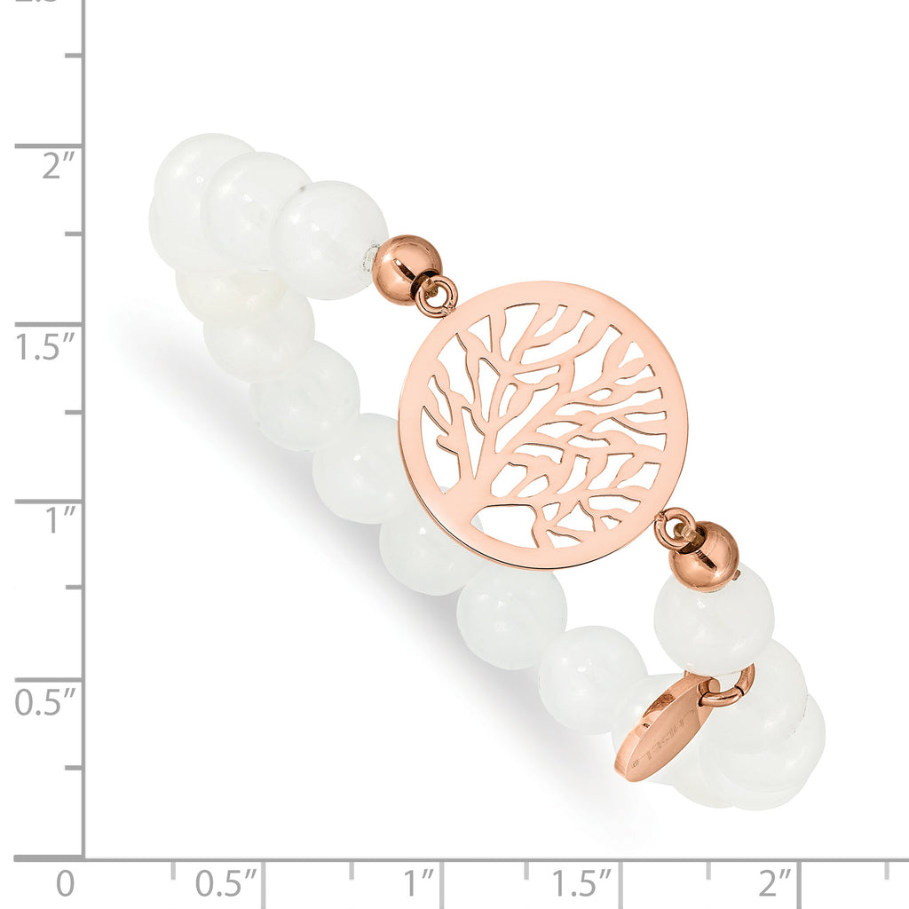 Stainless Steel Polished Rose IP-plated Tree of Life 8mm White Jade Beaded Stretch Bracelet for Women