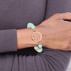 Stainless Steel Polished Rose IP-plated Tree of Life 8mm Green Dyed Jade Beaded Stretch Bracelet for Women