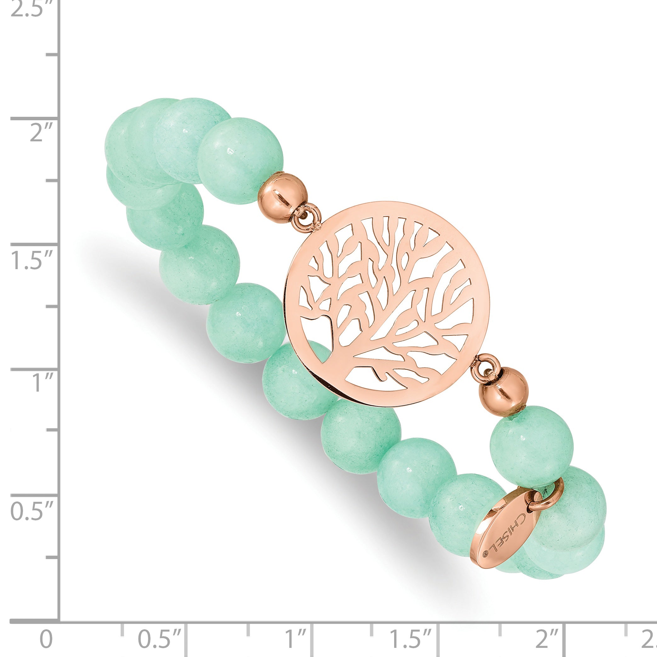 Stainless Steel Polished Rose IP-plated Tree of Life 8mm Green Dyed Jade Beaded Stretch Bracelet for Women