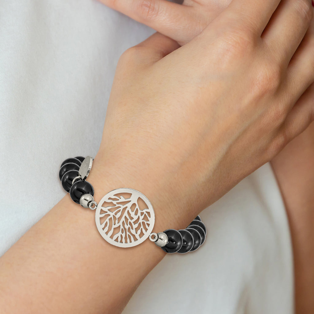 Stainless Steel Polished Tree of Life 8mm Black Agate Beaded Stretch Bracelet for Women
