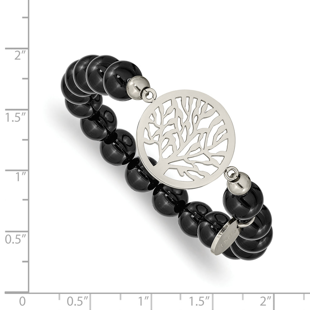 Stainless Steel Polished Tree of Life 8mm Black Agate Beaded Stretch Bracelet for Women