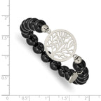 Stainless Steel Polished Tree of Life 8mm Black Agate Beaded Stretch Bracelet for Women