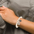 Stainless Steel Antiqued and Polished Butterfly and Tree of Life 8mm White Jade Beaded Stretch Bracelet for Women