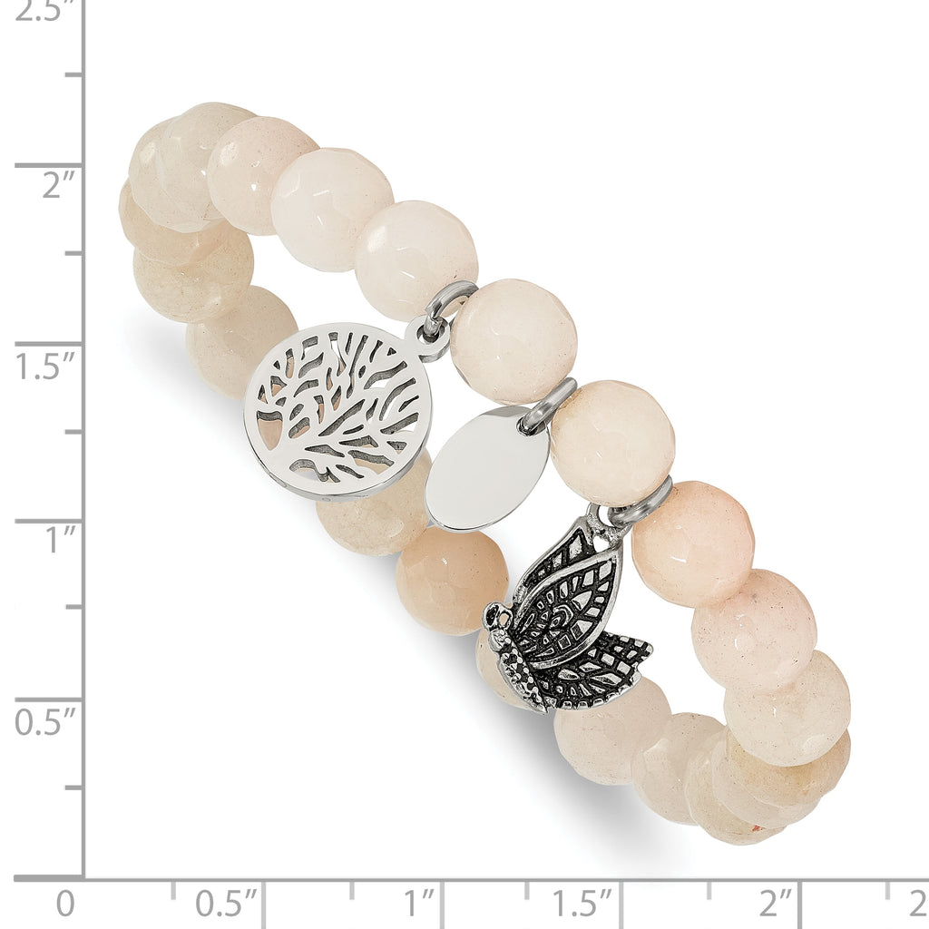 Stainless Steel Antiqued and Polished Butterfly and Tree of Life 8mm White Jade Beaded Stretch Bracelet for Women