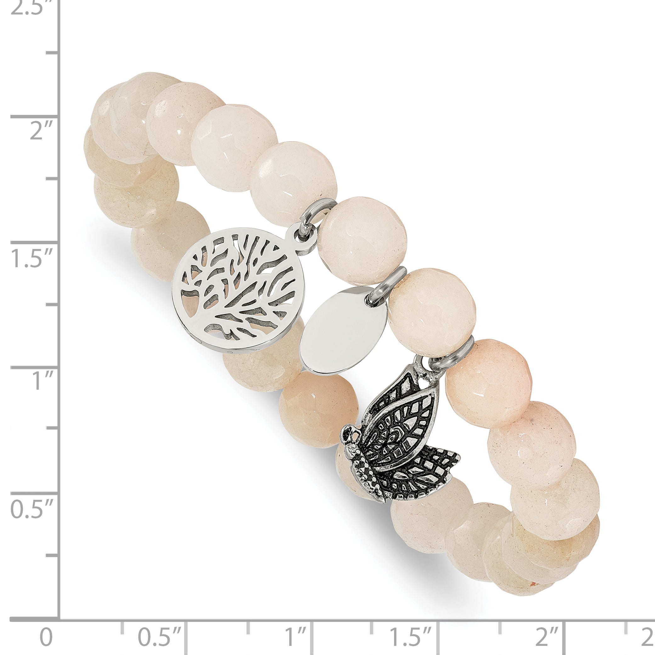 Stainless Steel Antiqued and Polished Butterfly and Tree of Life 8mm White Jade Beaded Stretch Bracelet for Women