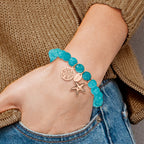 Stainless Steel Antiqued and Polished Rose IP-plated Starfish and Tree of Life 8mm Aqua Dyed Jade Beaded Stretch Bracelet for Women