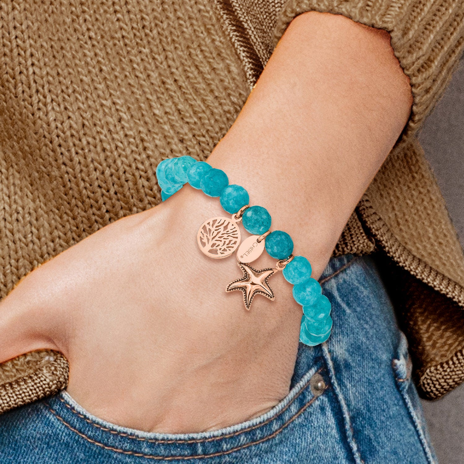 Stainless Steel Antiqued and Polished Rose IP-plated Starfish and Tree of Life 8mm Aqua Dyed Jade Beaded Stretch Bracelet for Women