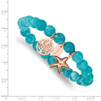 Stainless Steel Antiqued and Polished Rose IP-plated Starfish and Tree of Life 8mm Aqua Dyed Jade Beaded Stretch Bracelet for Women
