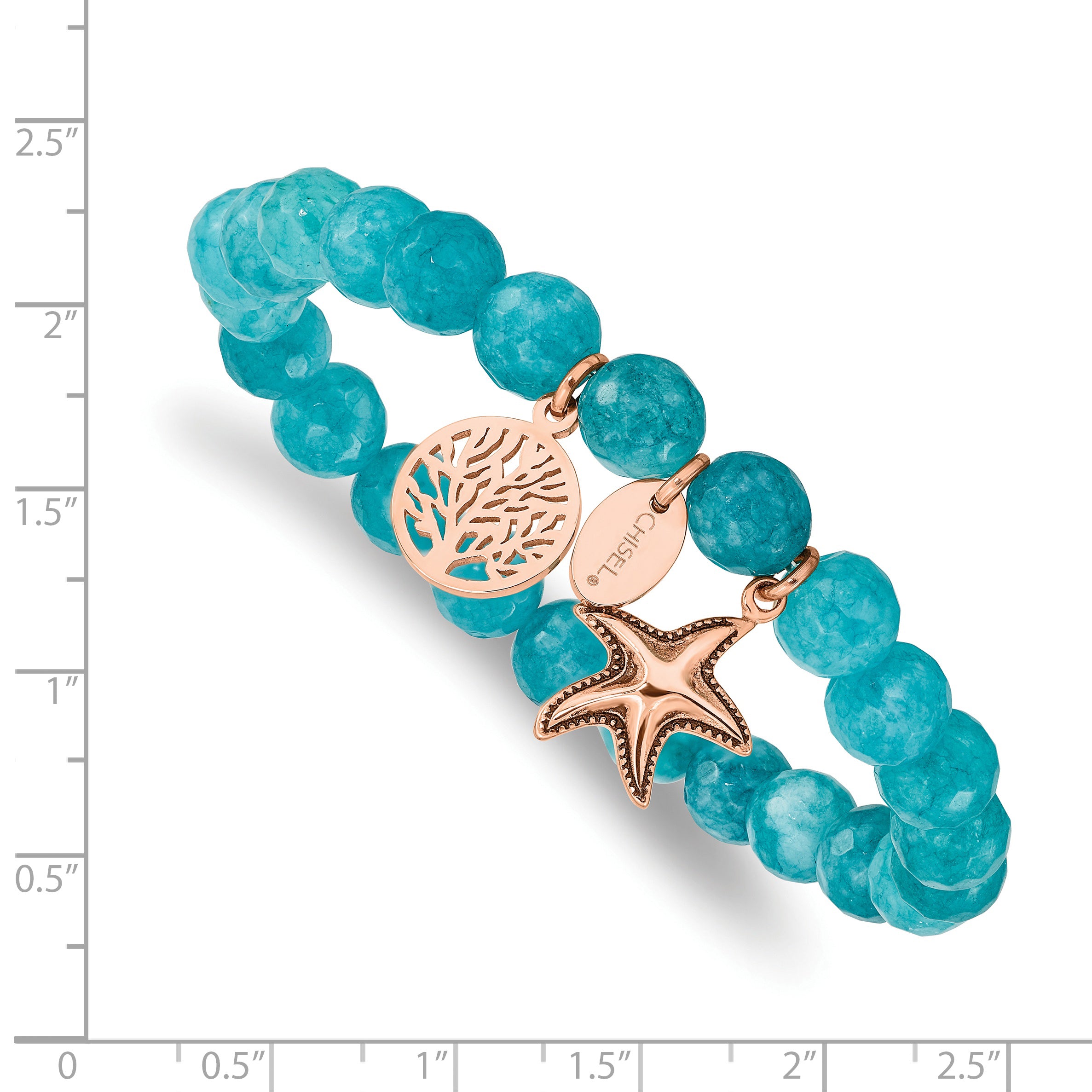 Stainless Steel Antiqued and Polished Rose IP-plated Starfish and Tree of Life 8mm Aqua Dyed Jade Beaded Stretch Bracelet for Women